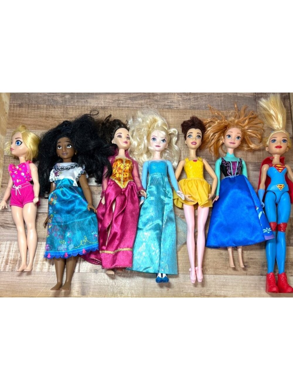 Set Of 6 Mixed Disney & Superhero Dolls With Dresses - Elsa Anna Belle Supergirl